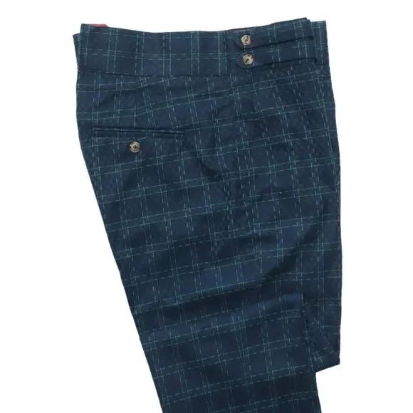 Mens Dress Pants Blue Green Check Geometric Slim Straight Gurkha Trousers 34